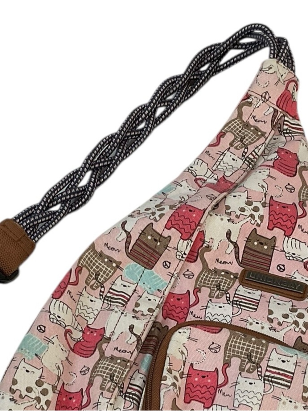 UNIONBAY Cat Print Sling Backpack in Pink, Brown, and Mint - Picture 10 of 12